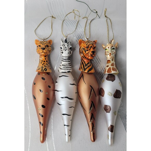4 Africa Safari Animal Art Glass Ornaments‎ - Giraffe, Zebra, Leopard & Tiger! - Picture 1 of 9